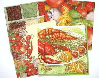 Mixed Decoupage Napkins with Spices, Assorted Napkins with Tomatoes Crayfish Garlic Green Basil Lemon, 3 ply Paper Napkins 13'' 33cm, MIX11