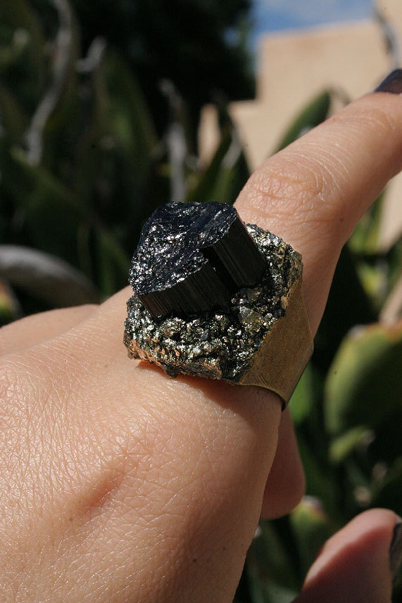 Raw Crystal Ring Crushed Pyrite Ring Black Tourmaline and Pyrite ring Raw Black Tourmaline