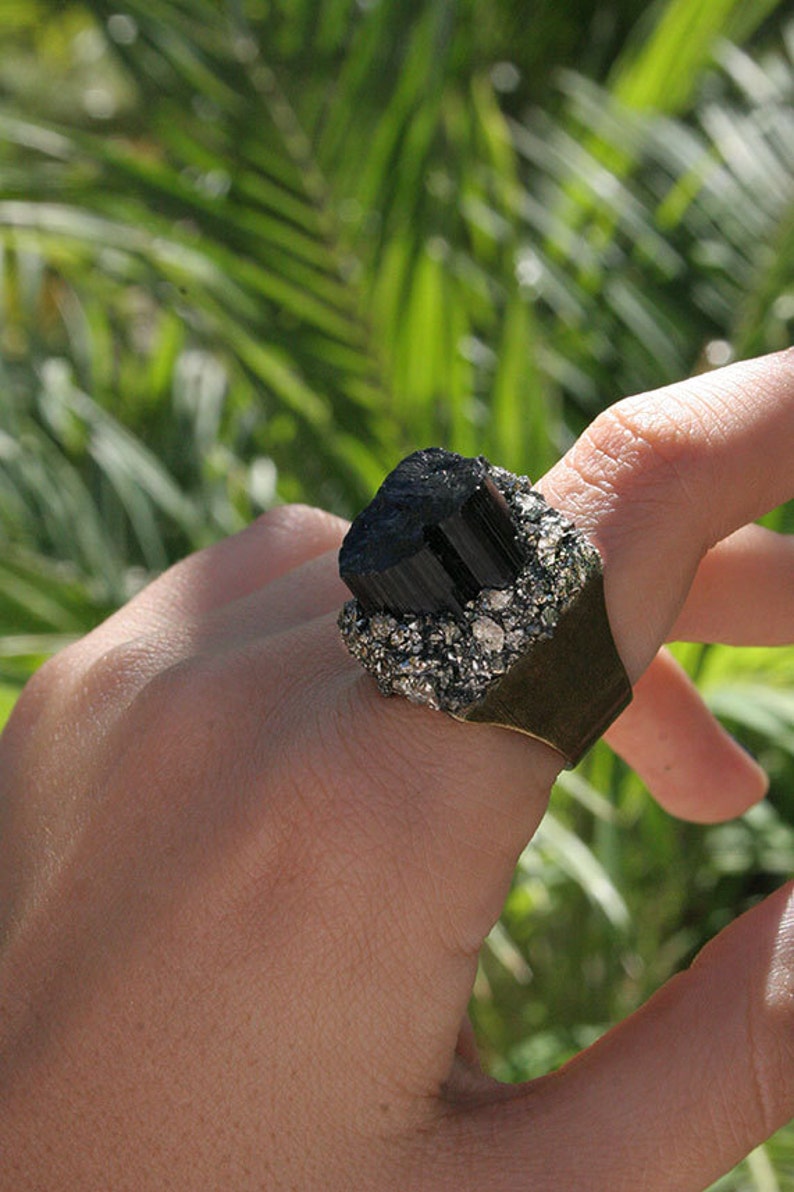 Raw Crystal Ring Crushed Pyrite Ring Black Tourmaline and Pyrite ring Raw Black Tourmaline