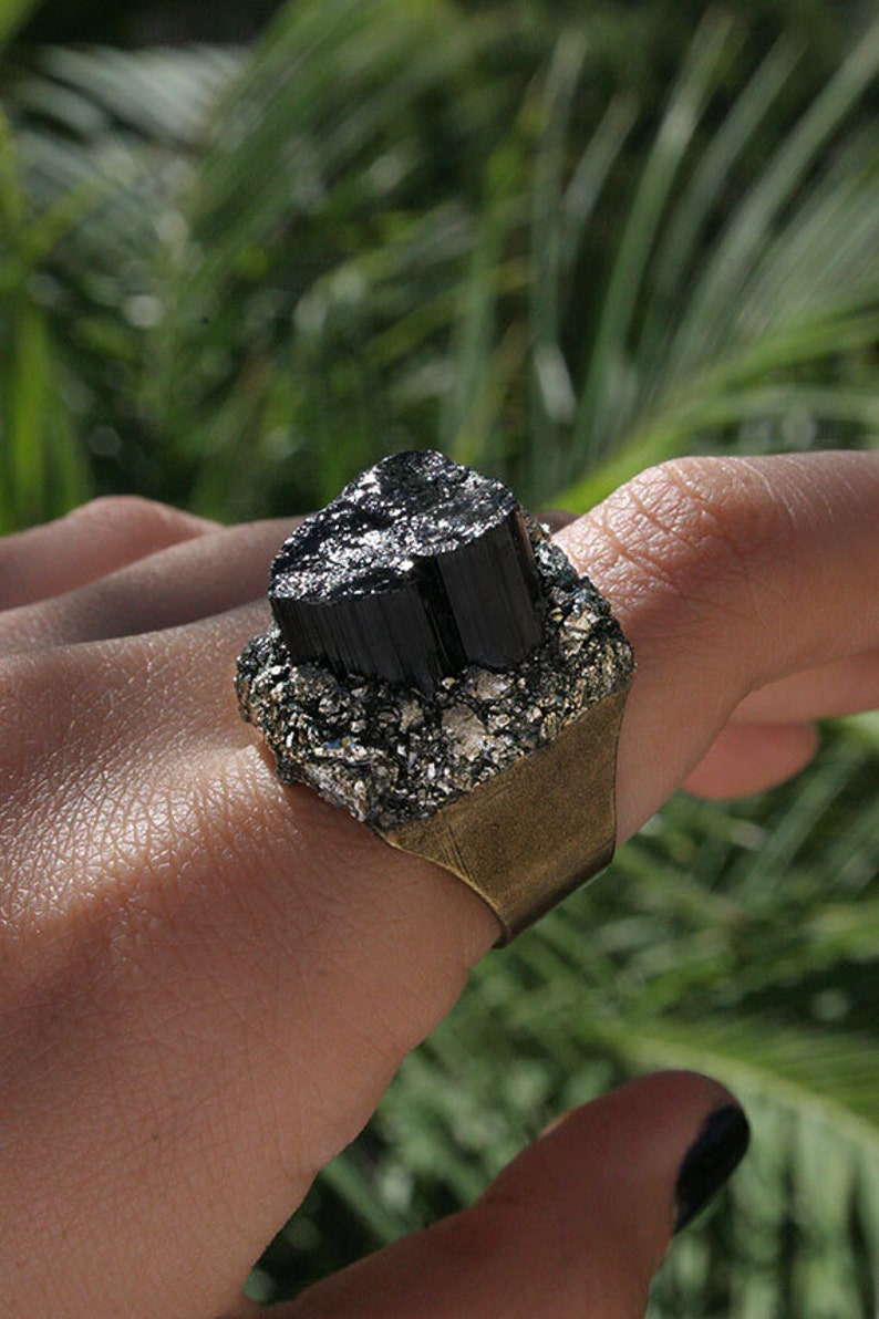Raw Crystal Ring Crushed Pyrite Ring Black Tourmaline and Pyrite ring Raw Black Tourmaline
