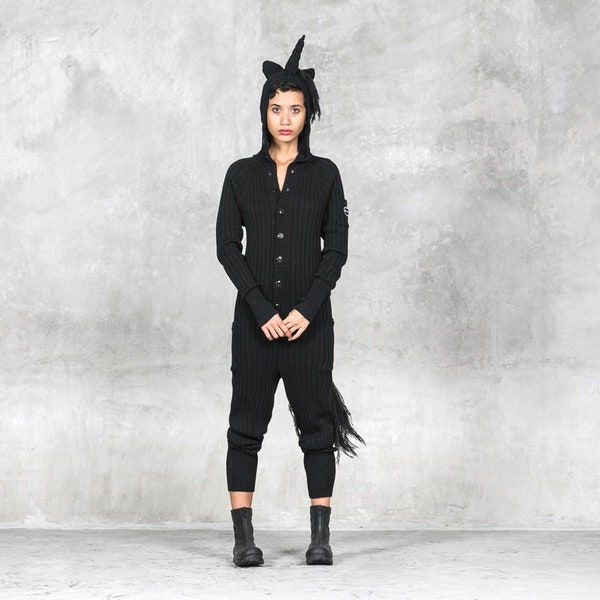 BLACK UNICORN ONESIE for Men and Women - Hand Knit with Horn- 3 Pockets - Adult Black Unicorn -Cozy Warm Halloween Costume - Holiday Onesie
