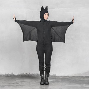 BLACK BAT ONESIE Unisex Jumpsuit Blamo Animal Kigurumi Black Bat Halloween Costume Birthday Gift for Vampire Easy Holiday Costume Gift image 2