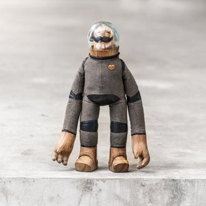 COLONEL STACHE O'HAIR Hand Dyed Gray and Black Canvas & Leather Toy Art w/ Teak Face Brass Inlaid Teak Moon Boots Gloves Astronaut Gift image 1