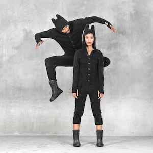 Black Fuzzy Onesie with Ears -Black Rabbit Eared Warm Holiday Onesie - Halloween Costume with Pockets - Fireman&#39;s Flap - SOCKY