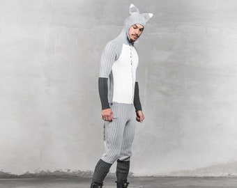 SILVER FOX ONESIE Adult Costume -Unisex Warm Easy Fox Halloween Costume - Fox Kigurumi W/ Tail -Silver Fox PJs - Cute Holiday Outfit - Gift