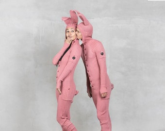 Handmade Pink Cotton Knit Bunny Suit: Adult Halloween Costume