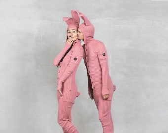 PINK BUNNY ONESIE für Männer und Frauen - Handgemachter Warmer Hasenanzug für Erwachsene - Halloween-Kostüm für Erwachsene - Weihnachtsgeschenk