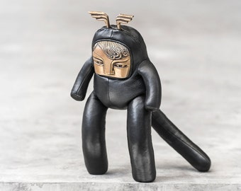 RICE BABY - Black Leather Toy Art w/ Brass Face - Stuffed Plush -Handmade Designer Art Toy -Blamo Toys -Cute Unique Holiday Christmas Gift!