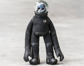 SKULLSTRONAUT - Black Leather and Canvas Toy Art w/ Hand Painted Teak Face -Brass Inlaid Moon Boots & Gloves -Spaceman -Small Holiday Statue