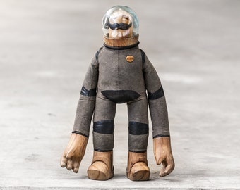 COLONEL STACHE O'HAIR - Hand Dyed Gray and Black Canvas & Leather Toy Art w/ Teak Face - Brass Inlaid Teak Moon Boots Gloves -Astronaut Gift