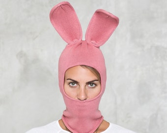 Pink Bunny Balaclava Mask – Hand-Knit Cotton Rabbit Costume, Unisex Festival Ski Mask