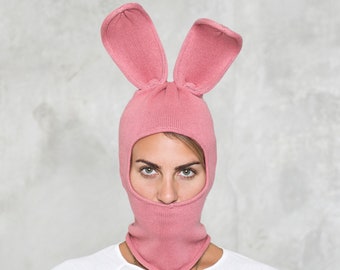 PINK BUNNY BALACLAVA -Pink Rabbit Ski Mask for Men & Women - Warm Snowboarding Hat -Pink Cotton Halloween Balaclava - Adult Bunny Ears- Gift