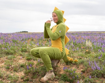 DINOSAUR ONESIE -Green Gold Unisex Dino Suit -Cozy Animal Halloween Costume - One Piece Comfy Cotton Jumpsuit -Knit Tail - Christmas Present