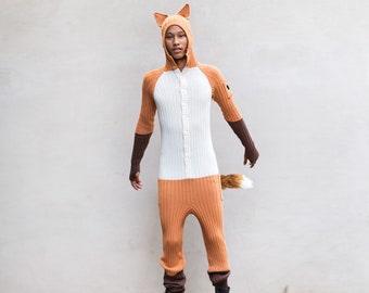 ORANGE FOX Onesie- Fantastic Fox Knit Jumpsuit for Men & Women - 3 Pockets - Kigurumi Fox - Unisex Halloween Holiday Animal Onesie Gift Idea