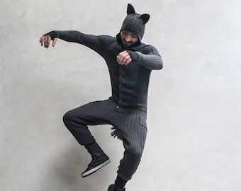 Wolf Stickad Onesie-kostym: Handgjord tvåfärgad grå och svart bomullsjumpsuit