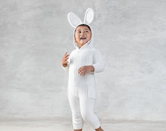 BABY WHITE BUNNY Onesie Costume Suit for Baby & Toddler - Handmade Woven Cotton White Rabbit Romper - Snow Bunny Outfit - Children's Gift