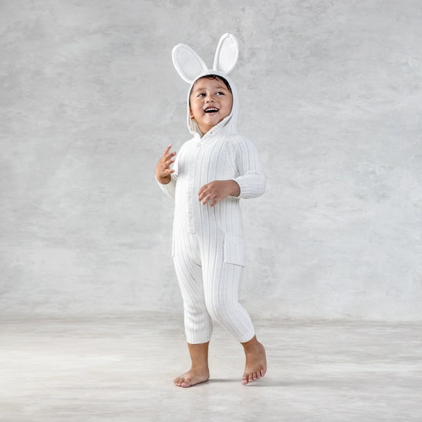 BABY WHITE BUNNY Onesie Costume Suit for Baby & Toddler - Handmade Woven Cotton White Rabbit Romper - Snow Bunny Outfit - Children's Gift