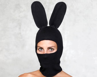 BLACK BUNNY BALACLAVA Mask - Black Warm Rabbit Ear Halloween Mask Men & Women -Ski Mask -Rabbit Kominiarka -Holiday Gift Hat -Bunny Snow Cap