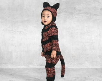 TODDLER & BABY TIGER Costume - Handmade Striped Black and Orange Knit Cat - Kids Tiger Onesie -Adorable Newborn Gift -Matching Family Gift