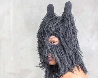 RAMBUT GRAY Hairy Creature Mask - Warm Handmade Halloween Balaclava -Surreal Goat / Yeti Mask -Monster Fun Cotton Knit Costume w/Horns -Gift