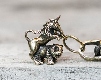 UNIHORNY KEYCHAIN - Oxidized Brass Unicorn & Panda Love Charm W/ Handmade Clip -Solid Brass Love Affair -Silly Holiday Gift for Husband Wife