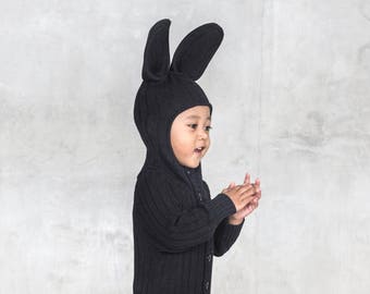 BABY BLACK BUNNY Onesie Suit for Baby & Toddler - Handmade Rabbit Romper - Knit Infant Animal Costume - Matching Family Onesies - Cute GIft