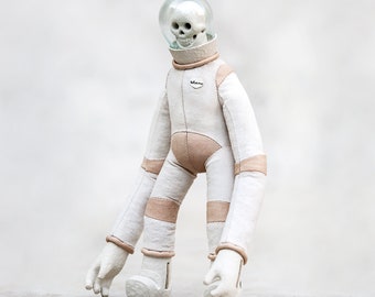 SKULLSTRONAUT - Leather & Canvas Dark Toy Art with Hand Painted Ceramic Face and Brass Inlaid Moon Boots and Gloves -Spaceman -Small Statue