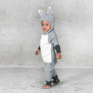 Baby SILVER FOX ONESIE Suit Gray & White Handmade Animal Toddler Romper Cozy Cable Knit Woodland Creature Costume Birthday Gift for Child image 2