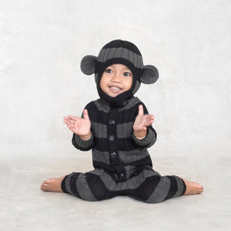 MONKEY Costume for Toddlers Black & Gray Striped Monkey Onesie Handmade Cotton Romper Cozy Kids Monkey Costume Cute Gift For Babies image 2