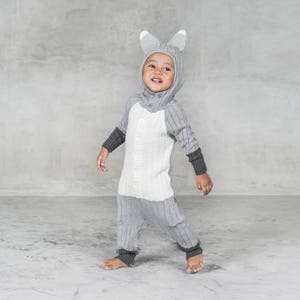 Baby SILVER FOX ONESIE Suit Gray & White Handmade Animal Toddler Romper Cozy Cable Knit Woodland Creature Costume Birthday Gift for Child image 1