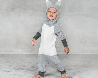 Baby SILVER FOX ONESIE Suit- Gray & White Handmade Animal Toddler Romper -Cozy Cable Knit Woodland Creature Costume -Birthday Gift for Child