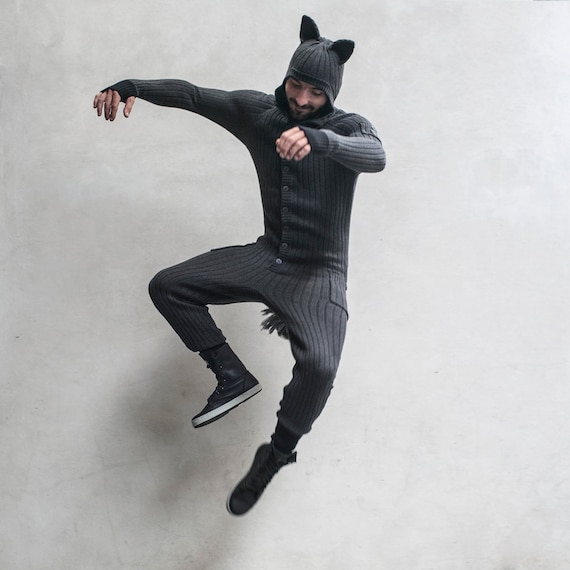 Wolf Costume Grey Jumpsuit with Hood Mens Wolf Costume Grey Jumpsuit with Hood Mens