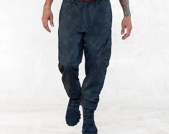 Herren GIBBOUS MOON PANTS-Indigo Blue Twill Cotton -Handgemalte Industrielle Hose Gebrauchshose -Japanese Style Streetwear Moto Cyber Punk