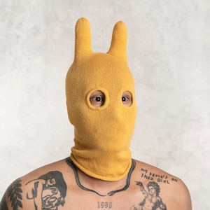 Gold Balaclava – Yellow Knit Beanie with Stuffed Ears – Cotton Ski Mask For Festivals and Raves – Socky