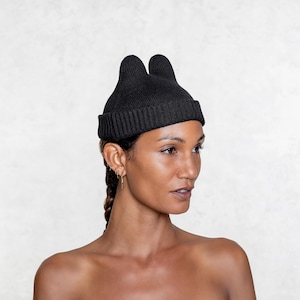 MINI SOCKY - BLACK Handmade Cotton Beanie - Black Knit Skull Cap - Mini Rabbit Ears - Silly Cold Weather Beanie -  Holiday Gift - Warm Hat