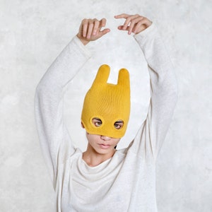 HALF SOCKY Gold MASK - Horned Gold Halloween Stocking Cap - Bunny Ear Ski Mask -Rabbit Eared Balaclava -Winter Mask- Holiday Gift