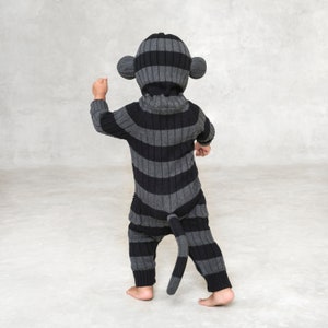 MONKEY Costume for Toddlers Black & Gray Striped Monkey Onesie Handmade Cotton Romper Cozy Kids Monkey Costume Cute Gift For Babies image 5