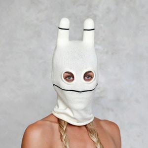 SOCKY White Knit Striped Black BALACLAVA - Beanie -Stuffed Ears - Blamo Clothing - Snowboard & Ski Mask -2 Hole Balaclava - Winter Snow Mask