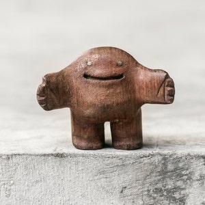 HUG – Handcarved Teak Wood Art Toy with Brass Heart – Handmade Sculpture by Blamo