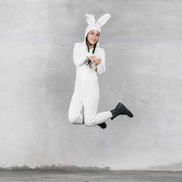 Rabbit Costume Adult White Onesie Nose Hood