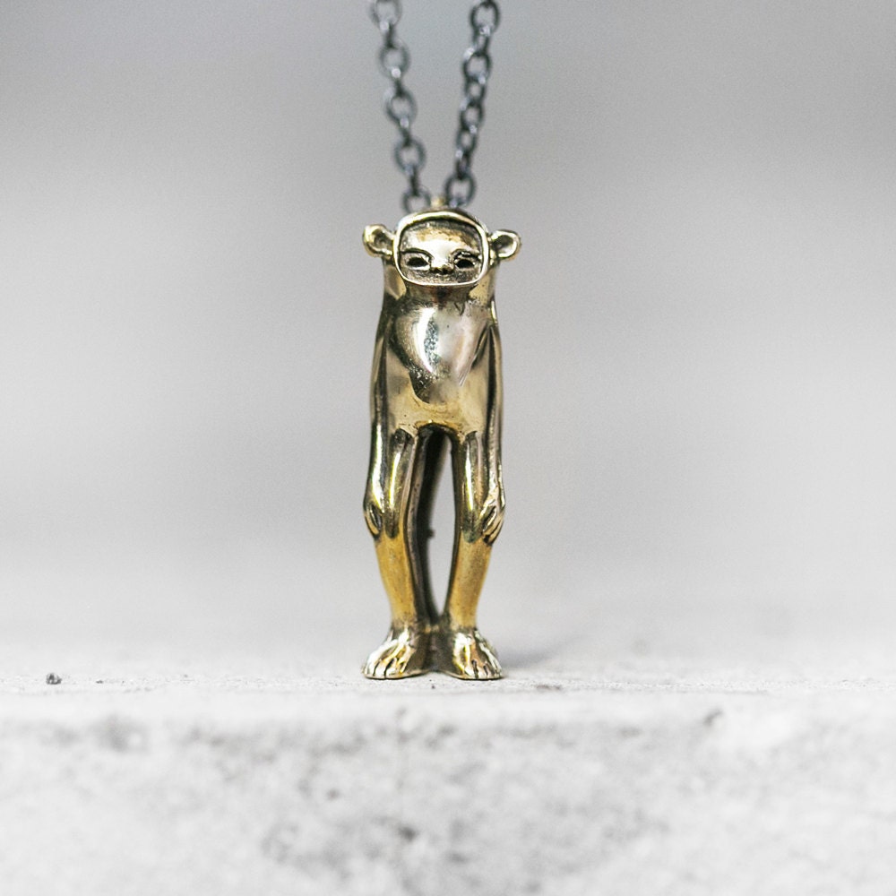 Minky Monkey Necklace – Solid Brass Creature Pendant – Handmade Character Jewelry by Blamo