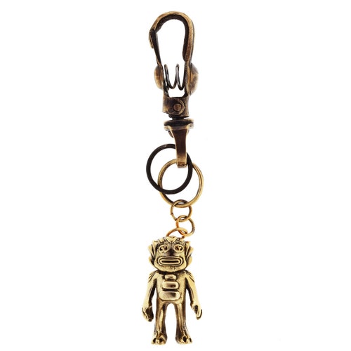 SWAMPY KEYCHAIN - Oxidized Brass Swamp Monster Pendant with Handmade Clip - Designer Brass Art - Unique Gift - Fun buy Key Clip - Blamo Toys