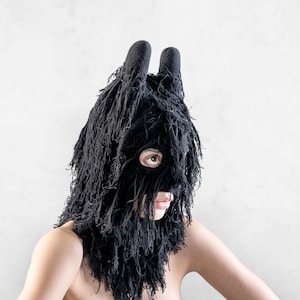 Black Furry Balaclava Mask - Handmade Creature Hat - Unique Goat Yeti Monster Costume - Warm Cotton Ski Mask - Festival Rave Wear - Rambut!