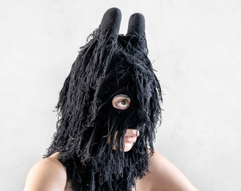 RAMBUT Black Furry Hairy Creature Mask -Black Balaclava for Men & Women -Goat? Yeti? Monster? - Unique Adult Holiday Warm Snow Ski Mask Gift