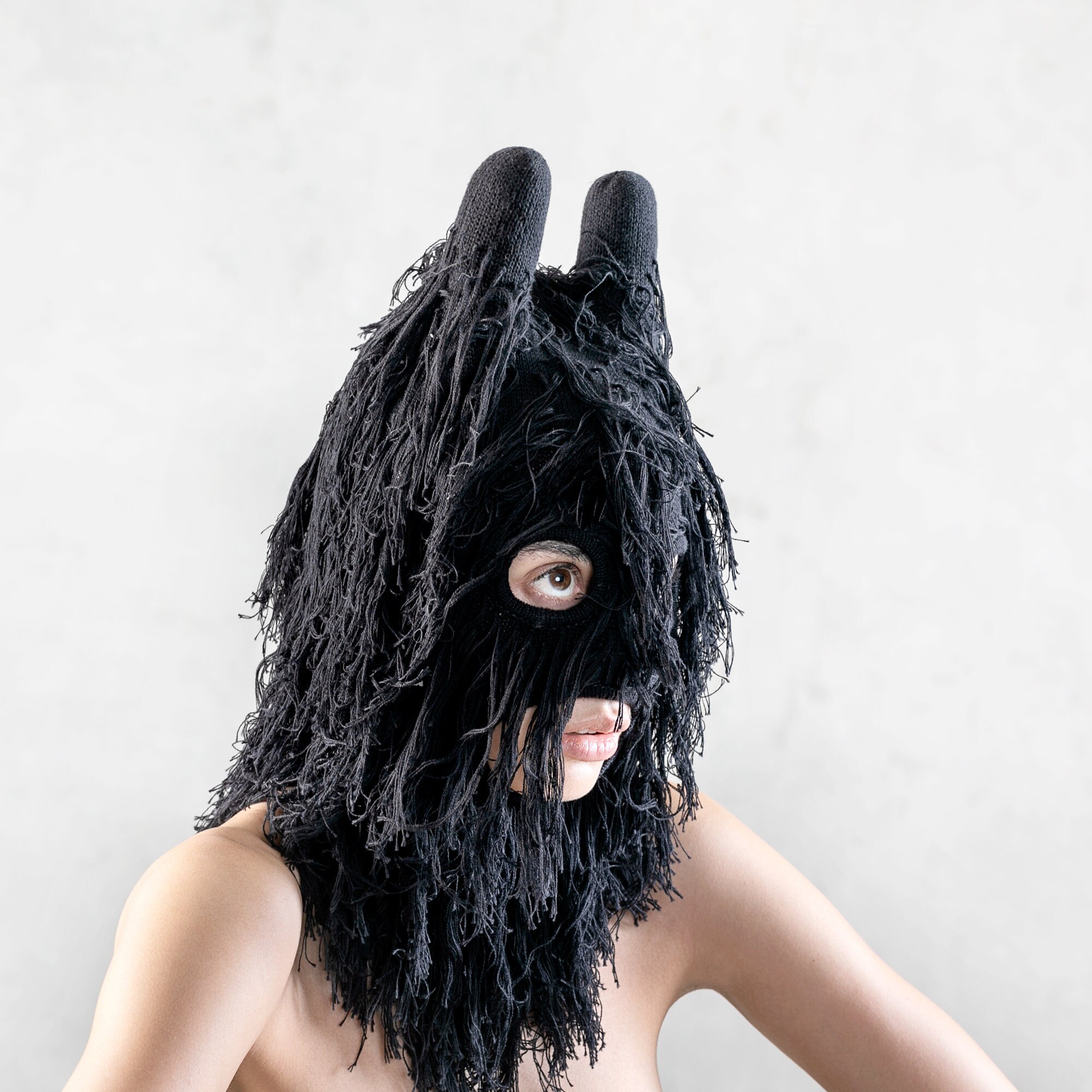 Black Furry Balaclava Mask - Handmade Creature Hat - Unique Goat Yeti Monster Costume - Warm Cotton Ski Mask - Festival Rave Wear - Rambut!