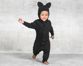BLACK PANTHER ONESIE Costume for Babies and Toddlers - Handmade Animal Romper -Black Kitty Cat Costume -Unique Knit Cotton Kids Child Jumper