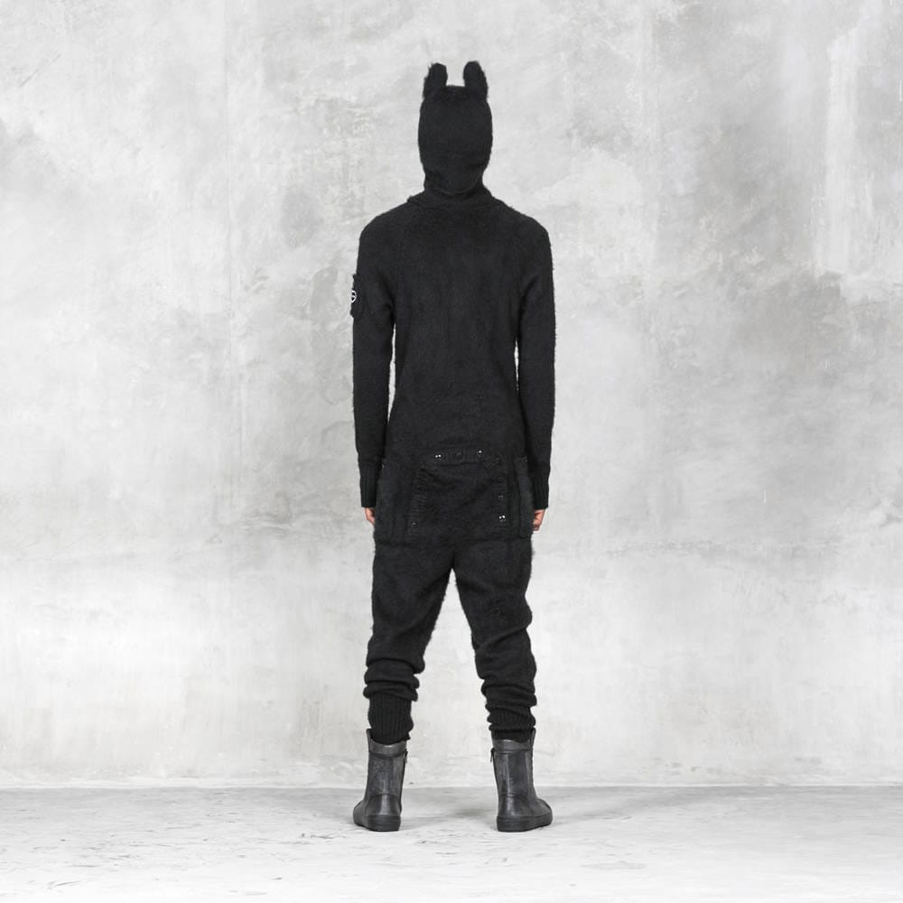 Black Fuzzy Knit Onesie: Rabbit Ears, Pockets, Fireman's Flap - Etsy