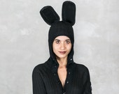 BLACK BUNNY ONESIE - Bunny Costume - Gender-Neutral - Fluffy Tail - Matching Bunny Suits - Adult Rabbit Knit Animal Jumpsuit