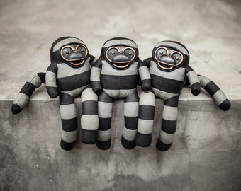 Handmade Leather Monkey Sculpture: Striped Plush Art Toy with Brass Face - Bandit