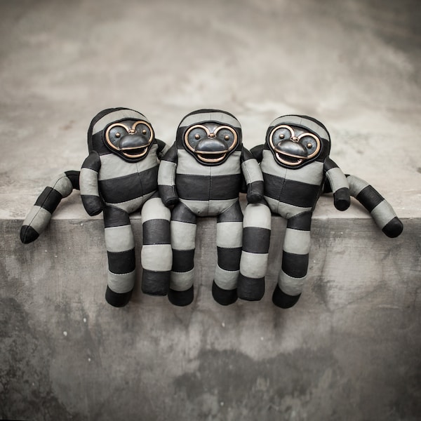 Handmade Leather Monkey Sculpture: Striped Plush Art Toy with Brass Face - Bandit